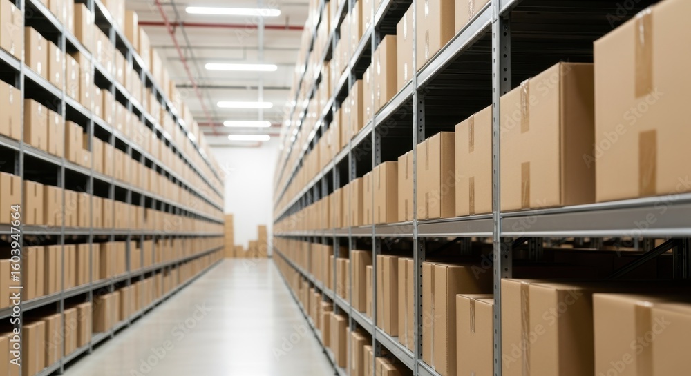 Poster clean and bright inventory room with sequential rows of cardboard boxes stored on metal racks.