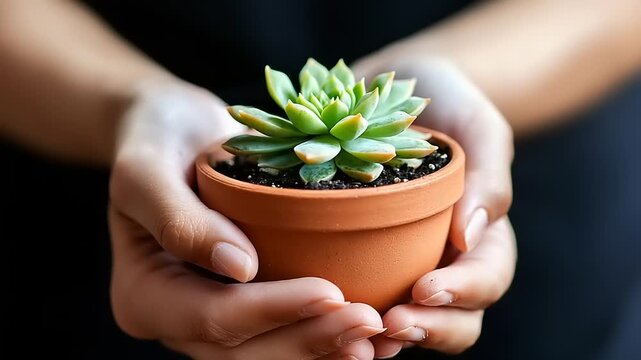 Succulent plant in terracotta pot held in hands