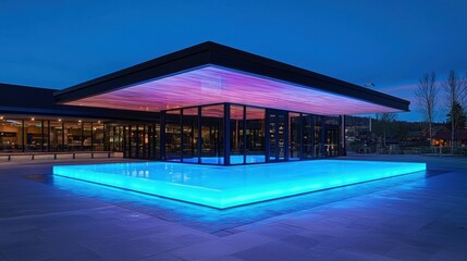 A modern building with a glass facade and a large blue pool in front of it.
