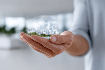 Person holding sustainable city with wind turbines and green energy