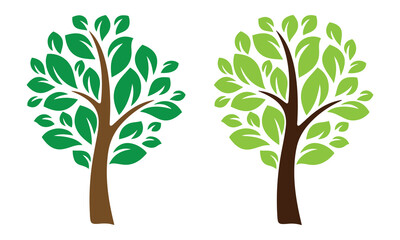 Obraz premium Tree Icon Set. Dark and Light Green Leaf Silhouettes with Brown Trunks for Nature and Eco Design.