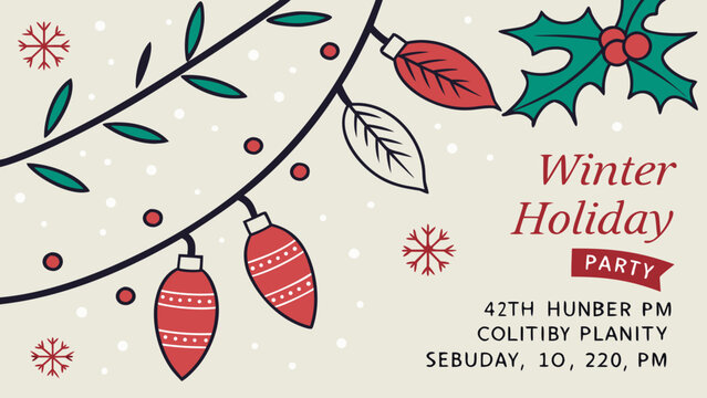 Vector invitation design for a winter holiday party featuring Christmas lights, snow background, event details, and festive decorations.

