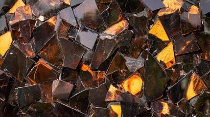 A mosaic of black and orange glass pieces.
