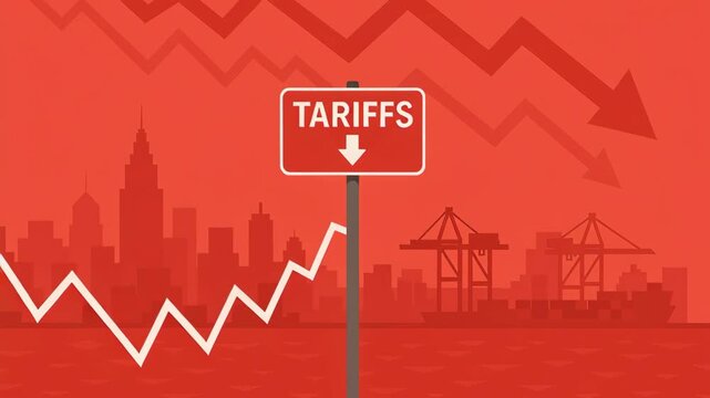 Tax impact trade. Tariff decline arrow over cityscape and shipping port illustrating economy impact and trade downturn effects