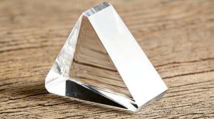 A clear glass pyramid sits on a wooden surface.