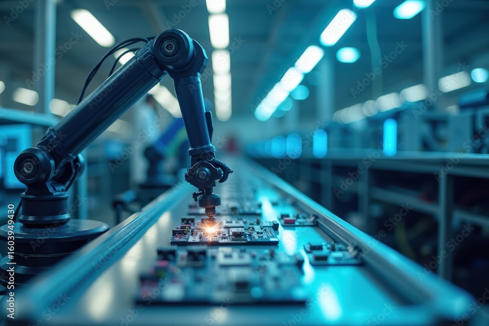 Poster robotic arm in high-tech assembly line process