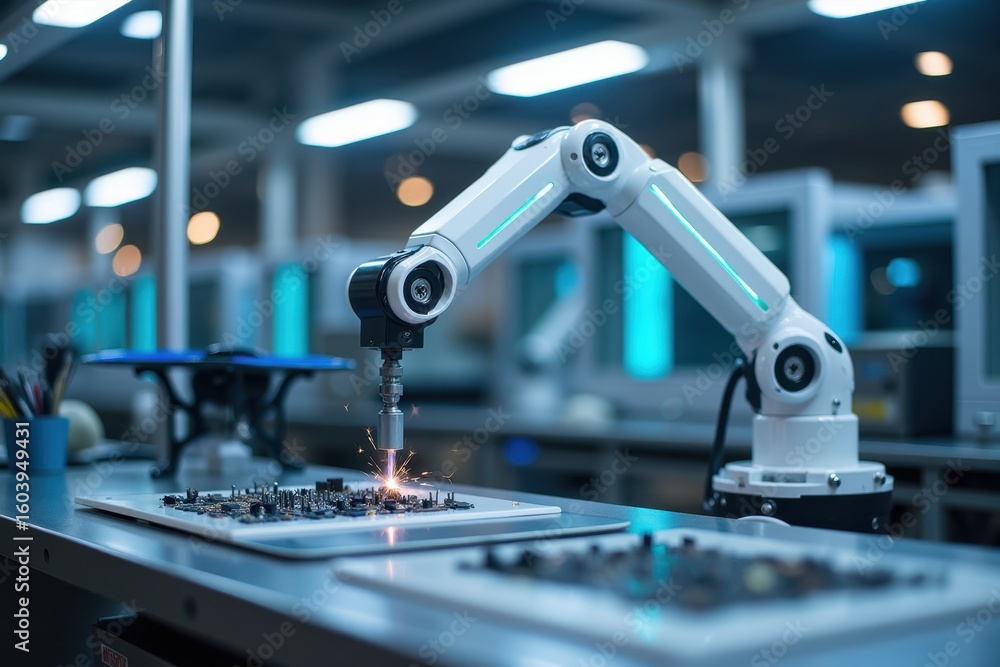 Poster advanced robotic arm in high-tech assembly line