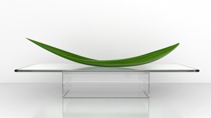 A green leafy object sits on a clear glass table.