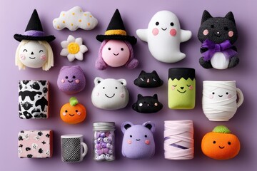 Cute Halloween plush toys including witch, ghost, cat, and pumpkin characters