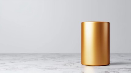 A shiny gold cylinder stands upright on a marble floor.