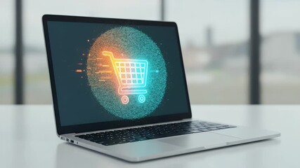 Laptop displaying a digital shopping cart icon - Powered by Adobe