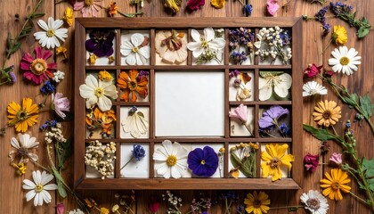 Fototapeta premium Pressed flowers in wooden box with blank center