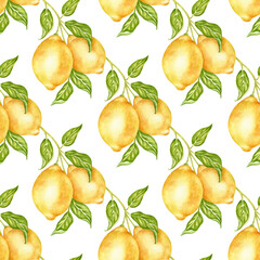 Bright seamless pattern of juicy lemon fruits with leaves on a branch, made in watercolor. Ready summer print for wallpaper, textiles, wrappers, tiles, kitchen design. Sunny botanical pattern.