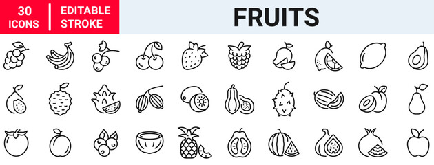 Fruits and Vegetables web line icons. Vegetables and berries. Editable stroke. Vector illustration
