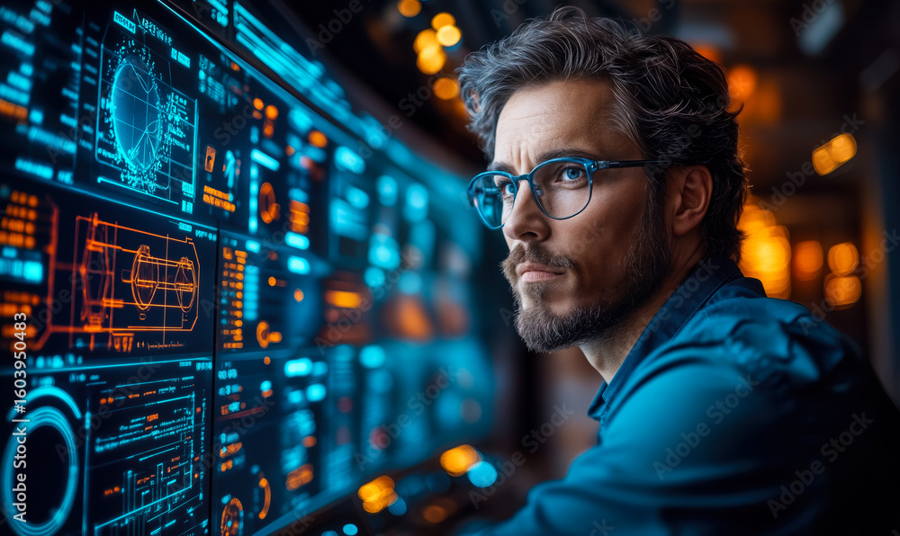 Poster focused software engineer analyzing complex futuristic digital interface with holographic data visua