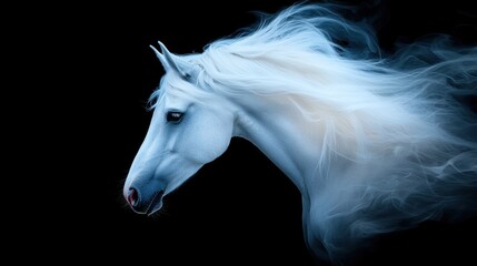 A white horse with flowing mane and tail.