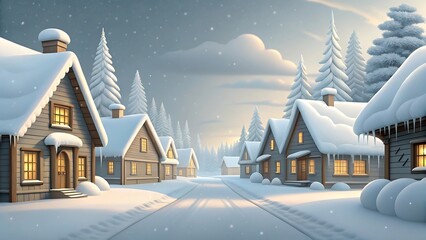 Fototapeta premium Cozy snow covered village street with illuminated houses and winter forest in soft morning light