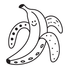 A black and white line art illustration of a cheerful banana with a slightly curved shape and a small, friendly smile. 