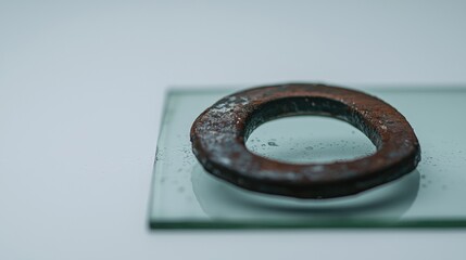 A rusty metal ring with a hole in the middle.
