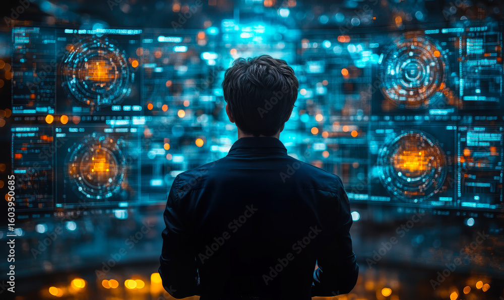 Poster man analyzing multiple futuristic holographic digital interfaces with data visualizations in advance