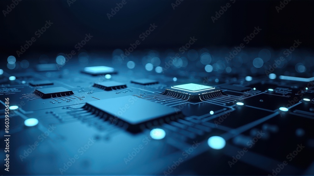 Poster microchip close-up on circuit board with lights