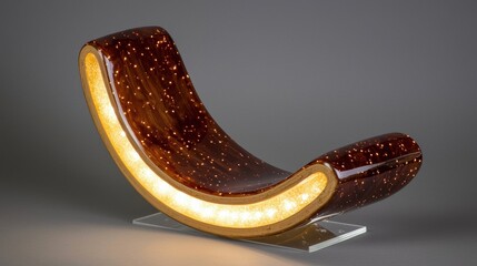 A modern, abstract chair with a curved backrest and seat, illuminated from within.