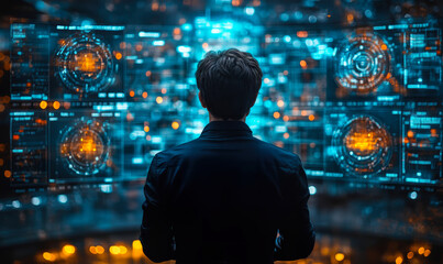 Man analyzing multiple futuristic holographic digital interfaces with data visualizations in advanced control room environment for technology monitoring and cyber operations