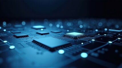 Microchip Close-Up on Circuit Board with Lights