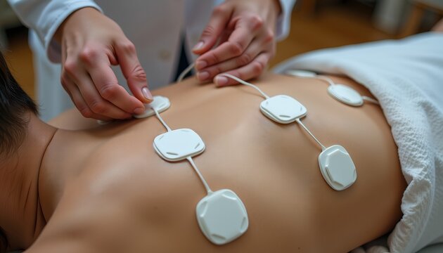 Physiotherapist applying TENS electrodes on a patient’s back for muscle therapy in a clinical setting.