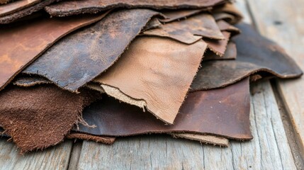 A pile of leather scraps in various shades of brown and tan.