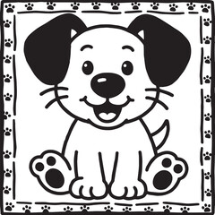  A black and white line art illustration of a cheerful dog with large, floppy ears and a wide, happy grin, depicted in a simplified, cartoon style perfect for young children.