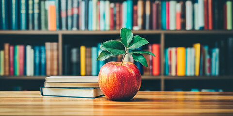 Red apple with green leaves on stack of books on wooden table in library with blurred bookshelf background education concept