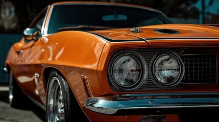 Orange Classic Muscle Car Front Closeup Vintage Retro Automotive