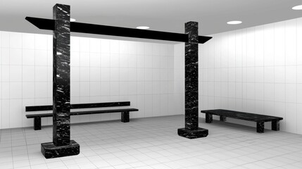 A minimalist black and white room with a bench and a pergola.