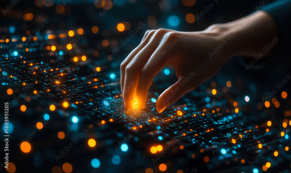 Poster close-up of human hand interacting with glowing digital interface touchscreen displaying futuristic 