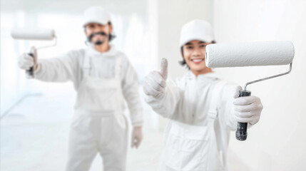Smiling painters holding rollers and giving thumbs up in white room