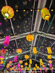 Indoor Ceiling with Numerous Hanging Colorful Lanterns