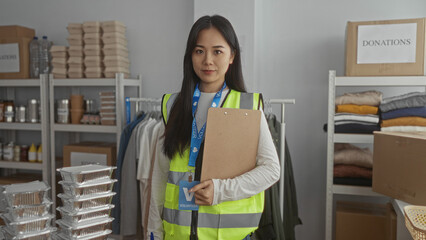 Woman wearing a reflective vest in a charity center with donations and packages, exemplifying volunteer work indoors, all within a neatly arranged room environment.