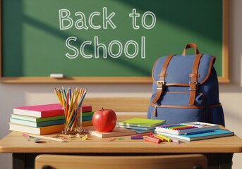 Back to school concept, A green chalkboard with the words back to school written on it, school office supplies A backpack is on the right side of the board.