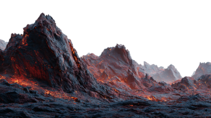 Volcanic mountain range with glowing orange lava flowing through terrain isolated on transparent background