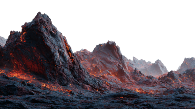 Volcanic mountain range with glowing orange lava flowing through terrain isolated on transparent background