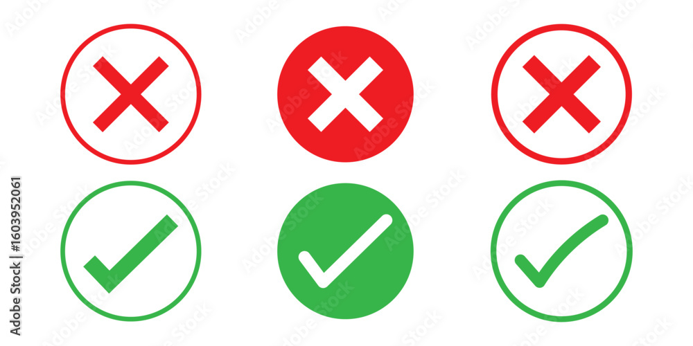 Aufkleber set of tick mark in green and cross mark in red colour and stroke with white background, check and c