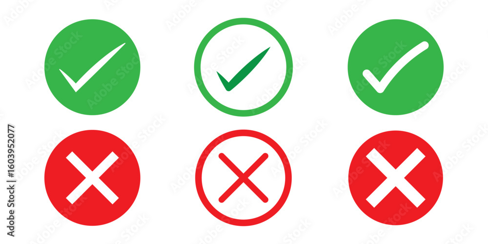 Poster set of tick mark in green and cross mark in red colour and stroke with white background, check and c