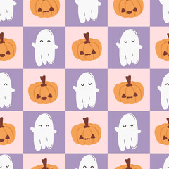 cute cartoon halloween checkered seamless vector pattern background illustration with hand drawn character ghost and pumpkins
