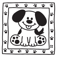 Naklejka premium A black and white line art illustration of a cheerful dog with large, floppy ears and a wide, happy grin, depicted in a simplified, cartoon style perfect for young children.