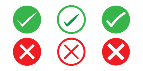 Set of tick mark in green and cross mark in red colour and stroke with white background, check and cross mark icon set. checkmark and x mark icon use for apps and website. checkmark, icon, vector.