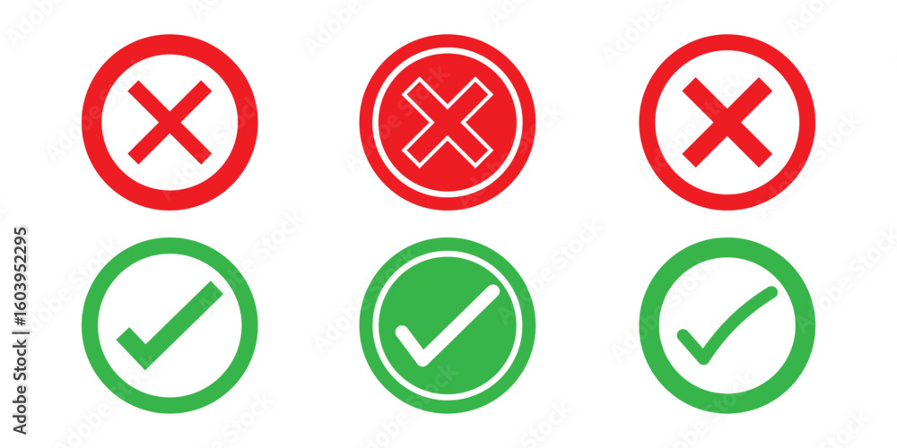 Poster set of tick mark in green and cross mark in red colour and stroke with white background, check and c