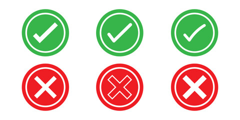 Set of tick mark in green and cross mark in red colour and stroke with white background, check and cross mark icon set. checkmark and x mark icon use for apps and website. checkmark, icon, vector.