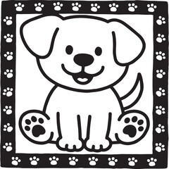  A black and white line art illustration of a cheerful dog with large, floppy ears and a wide, happy grin, depicted in a simplified, cartoon style perfect for young children.