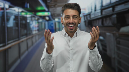 Obraz premium Man raising both hands and smiling broadly with wide eyes as he frames his face in a building corridor; surprise.